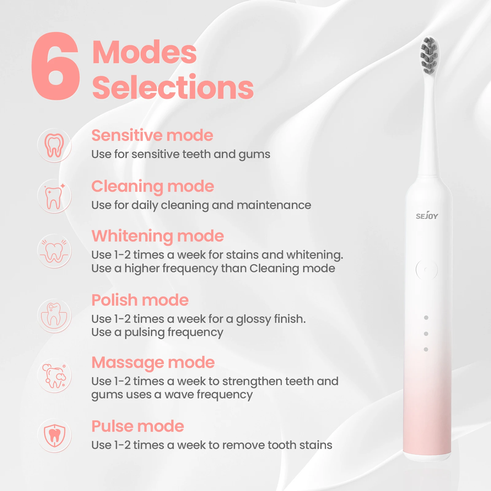 Sejoy Electric Toothbrush rechargeable With 8pcs Replacement Head Tooth Brush 6 Modes Clean Whitening Sonic Timer Toothbrush 3