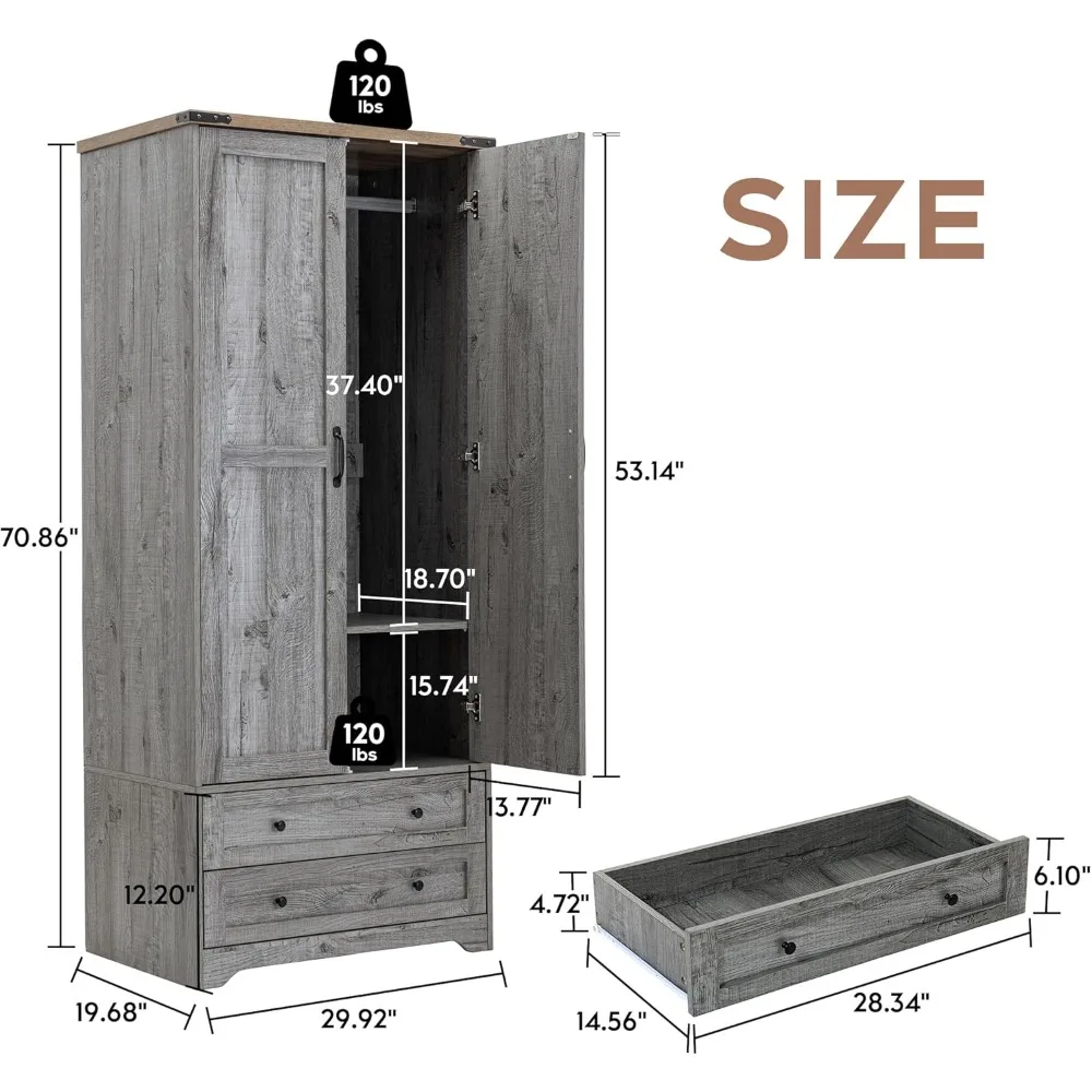 71" wooden armoire wardrobe closet. Modern functional tall storage cabinet with adjustable shelf and hanging rail. 2