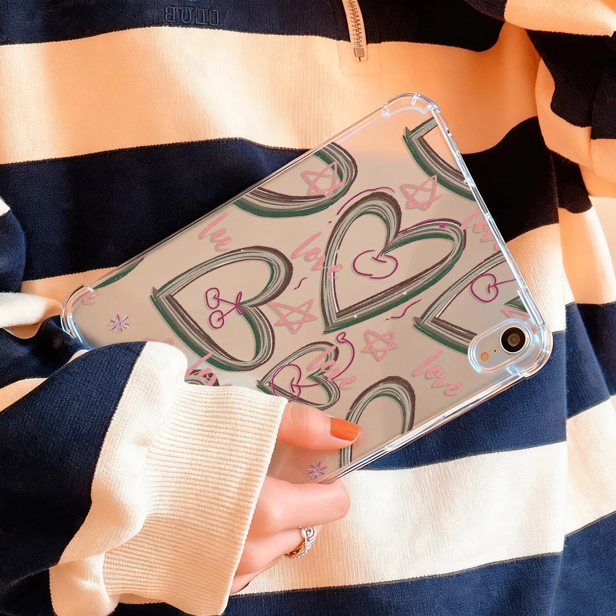 Enhanced Crystal Clear Tablet Case with Multi-Layer Color-Block Hearts Design