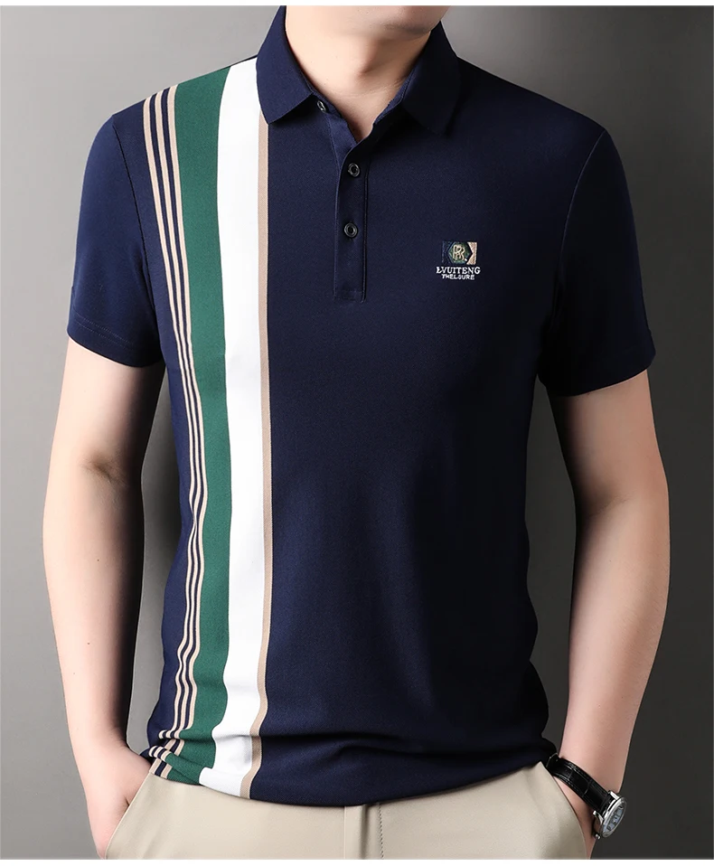 Light Luxury Polo Shirt Letter Embroidery Men's Short Sleeve High end Brand Summer new Fashion Stripe Silk Cotton Casual T-shirt 22 Sc619627636cb422196e2dafea1e208386