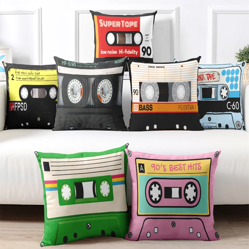 

Vintage Cassette Music Tape Pillowcase Fun Design Sofa Cushion Cover Two Direction Print Throw Pillow Cover Wedding Party Decor
