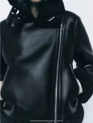 2023 New Winter Women Black Faux Suede Lambswool Leather Fur Short Jackets Lady Motor Biker Thick Warm Sheepskin Coats Outerwear