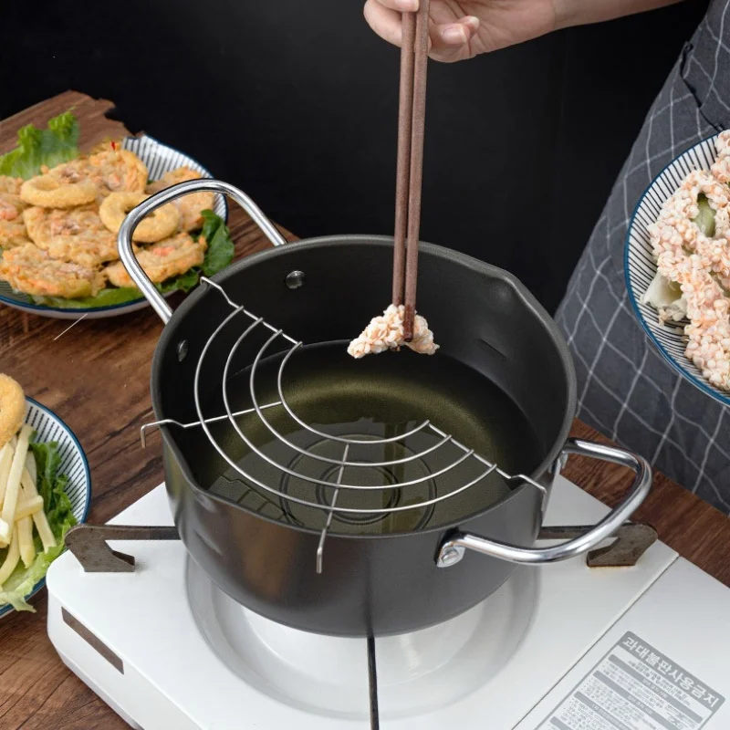 Household Deep Frying Pan Non-stick Pan with Filter Induction Cooker Gas Stove Universal Easy-to-dump Iron Double Ear