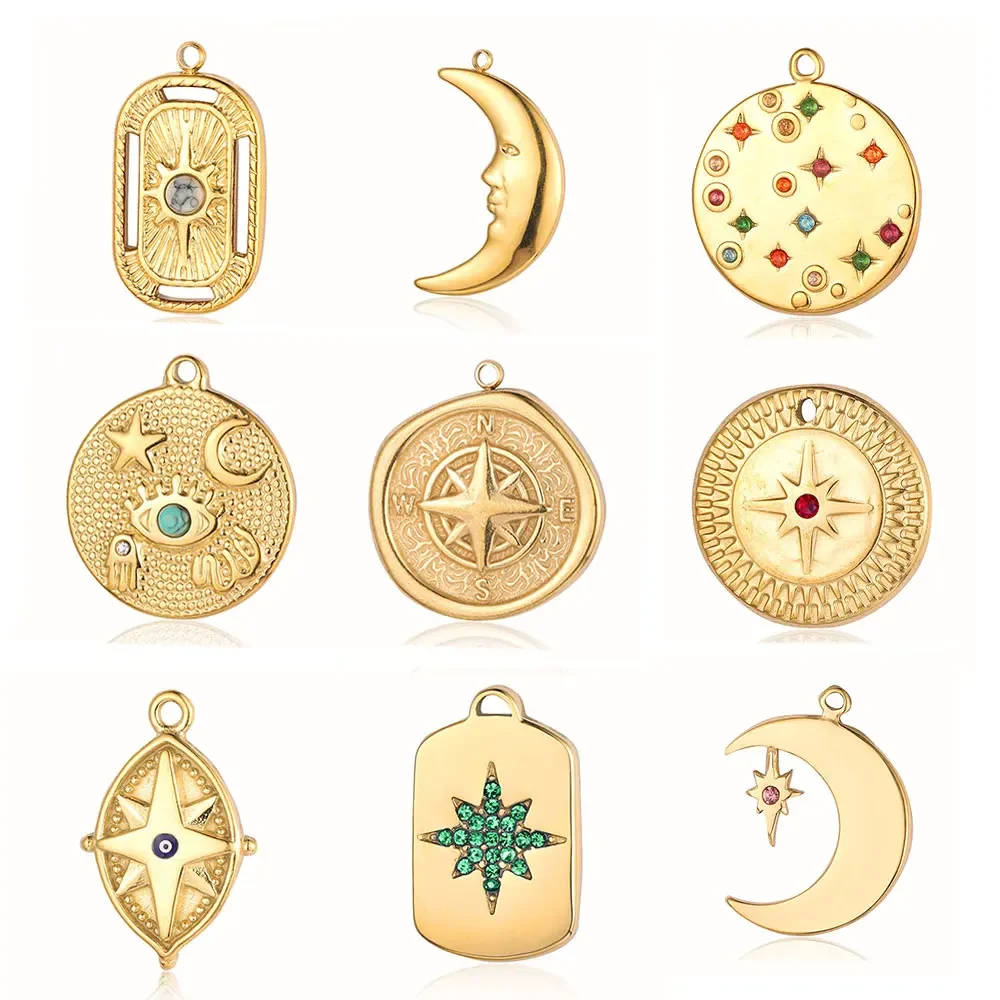 

Starry Sky Raionbow Rhinestone Mirror Polished 316 Stainless Steel DIY Charm Moon Compass Star Jewelry Necklace Pendant