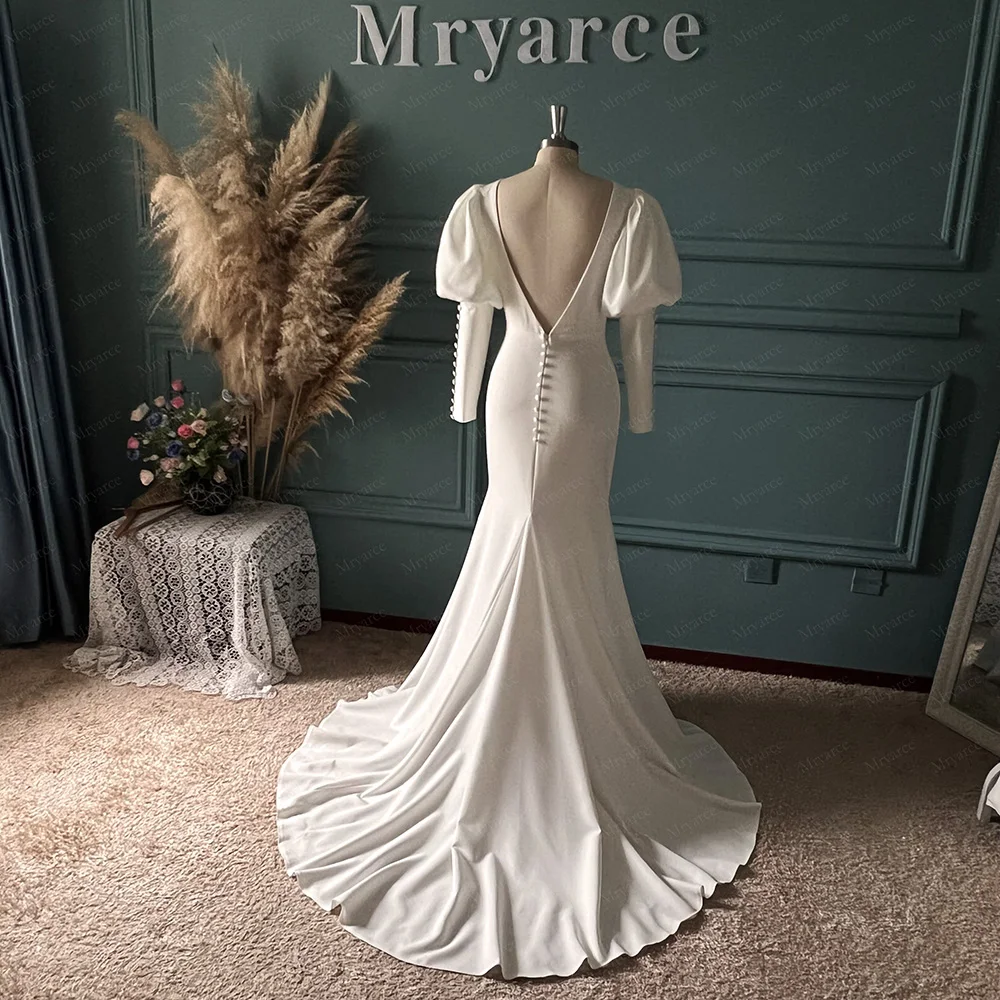 Mryarce Statement Bubble Sleeves Simple Stretch Crepe Wedding Dress V Neck Mermaid Bridal Gowns 4