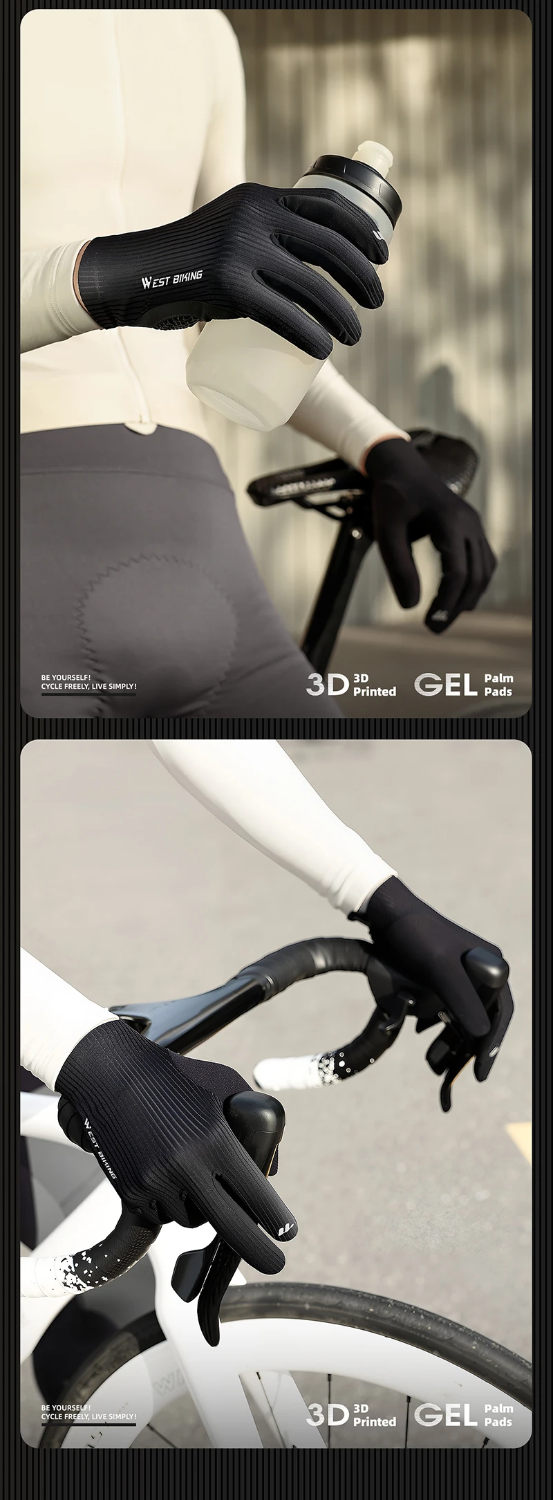 WEST BIKING Vollfinger-Fahrradhandschuhe 3D-Gedruckt Stoßdämpfende Gel-Polsterung Touchscreen-fähig Reflektierend Atmungsaktive Fahrradhandschuhe – Detail 20