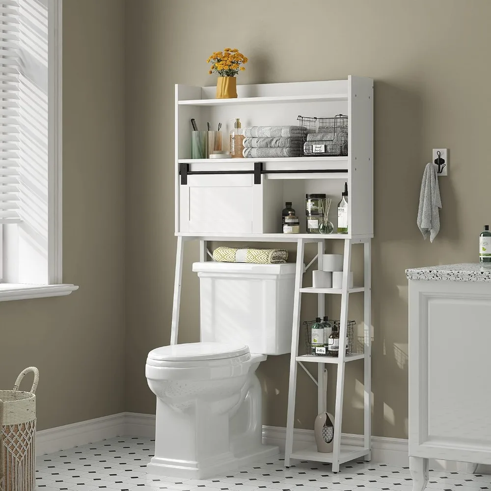 

Over The Toilet Storage Cabinet with Toilet Paper Holder Stand, Mass-Storage Over Toilet Bathroom Organizer with Sliding Door