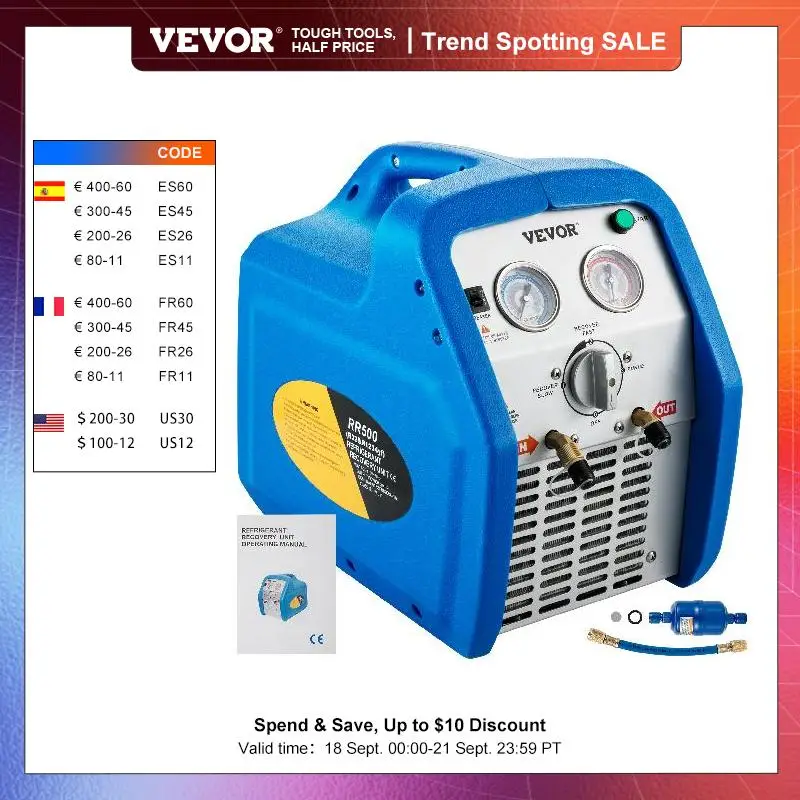 VEVOR Refrigerant Recovery Machine 110V/220V 50Hz/60Hz 3/4HP Single