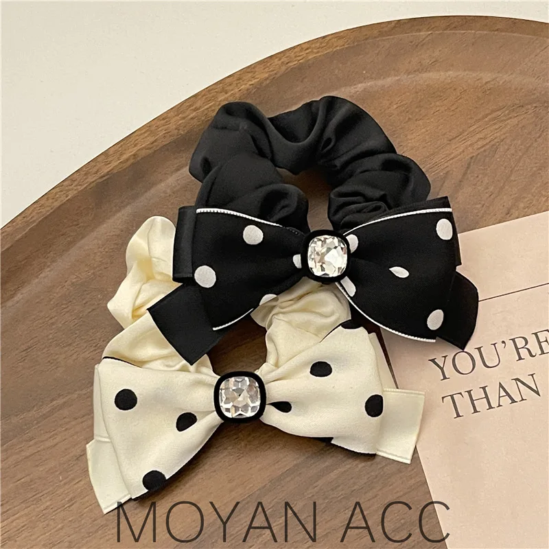 2022 New High-Grade Rhinestone Large Intestine Hair Ring Super Fairy Gentle Polka Dot Bow Hair Rope Tie-up Hair Head Rope