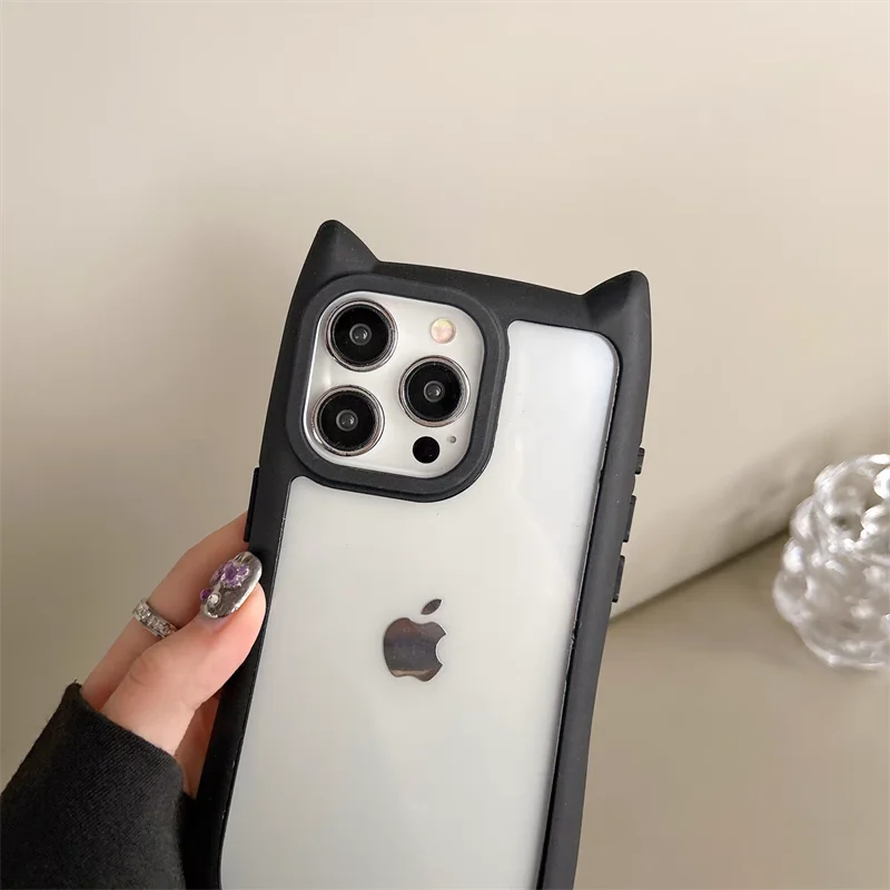 Custodia trasparente con orecchio di gatto carino per iPhone 12 13 14 15 Pro Max 11 16 Cover posteriore rigida in acrilico antiurto Custodia morbida in silicone Kawaii