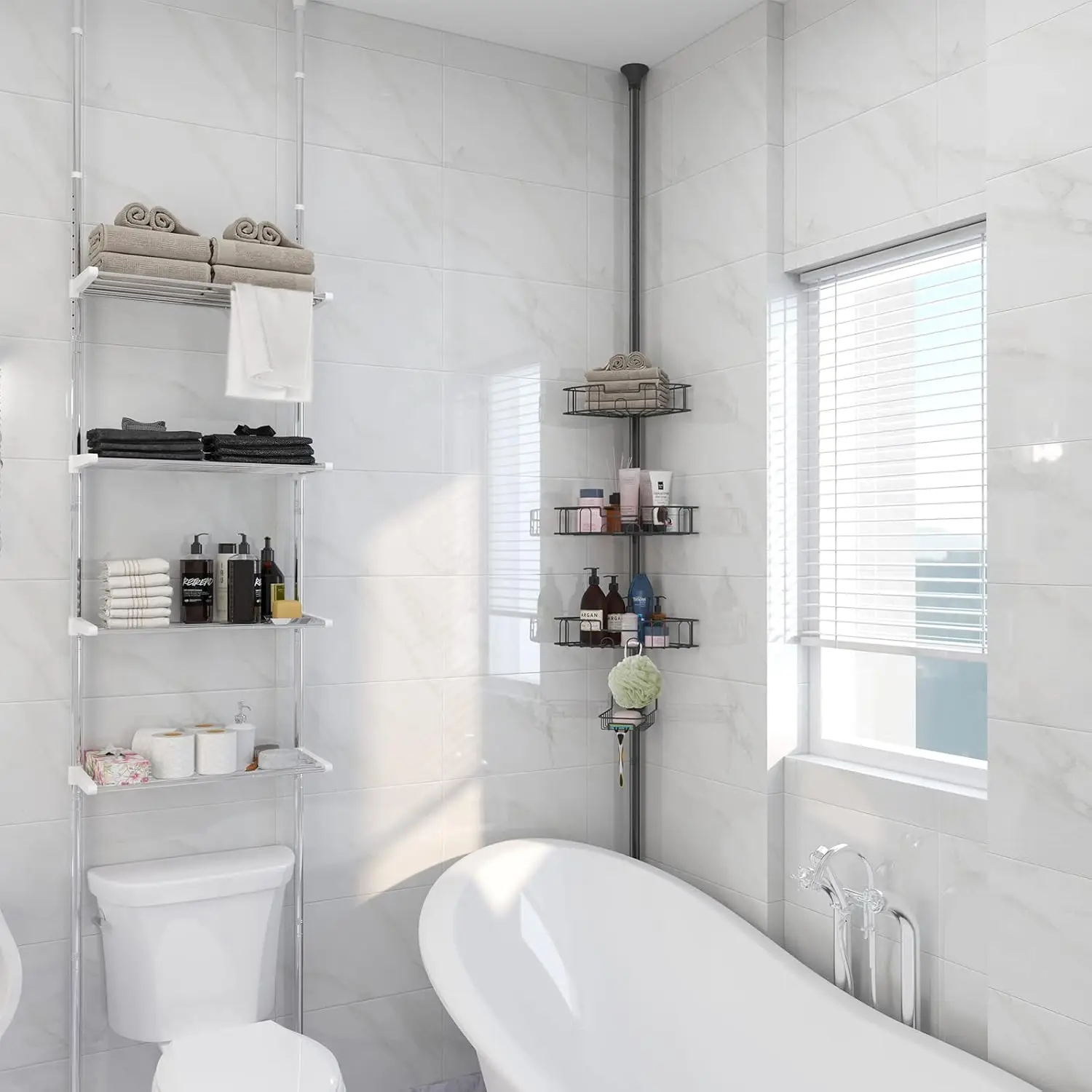Rustproof Shower Caddy for Bathroom, Bathtub Storage Organizer with Adjustable Baskets, Shower Corner Caddy with Tension Pole