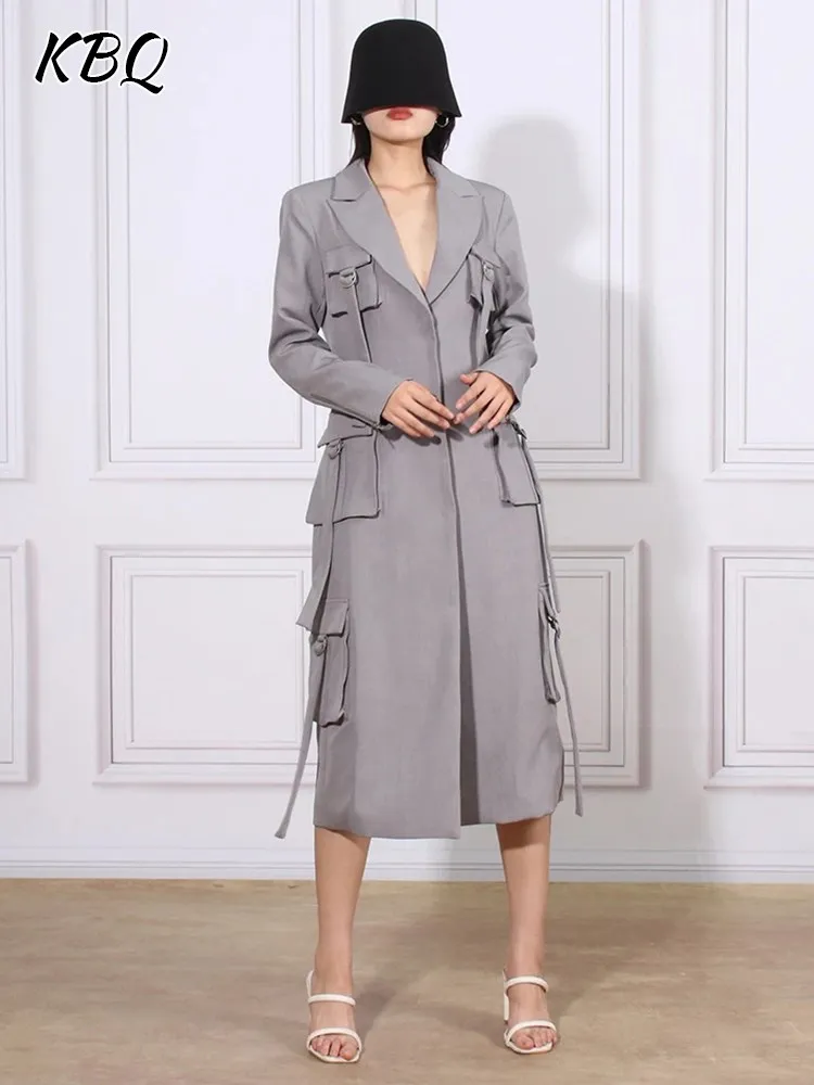

KBQ Temperament Patchwork Pockets Trench For Women Notched Collar Long Sleeve Solid Straight Trenches Female Fashion Clothing