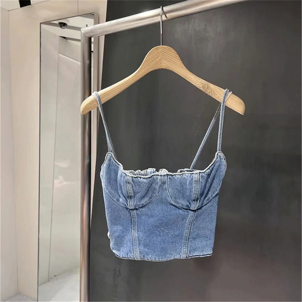 

NEW Arrival Summer New Beauty Back Wrapped Chest Sleeveless Short Washed Sexy Denim Strap Tank Top For Women