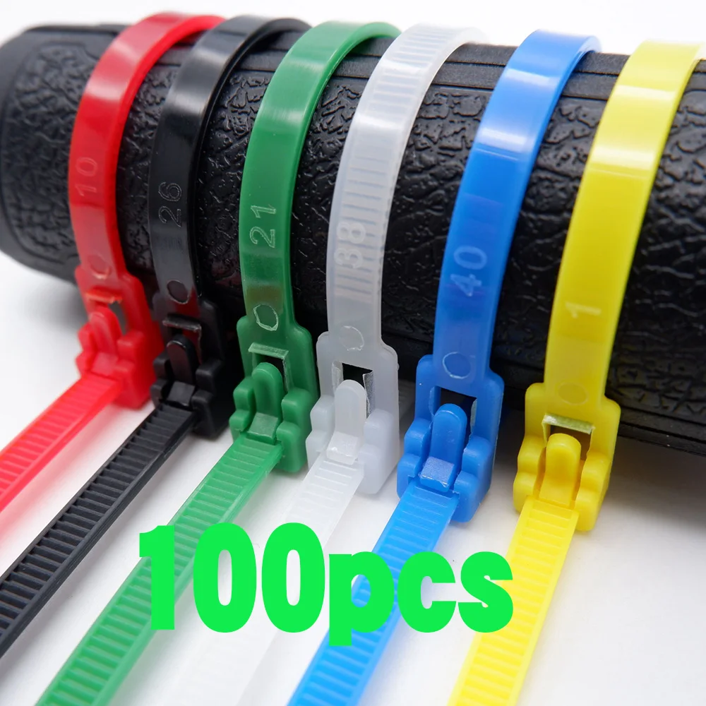 

100pcs Plastic Nylon Cable Ties Detachable Reusable Black White Red Yellow Blue Green Fixed and Bundled Cable Organizer Tie Wire