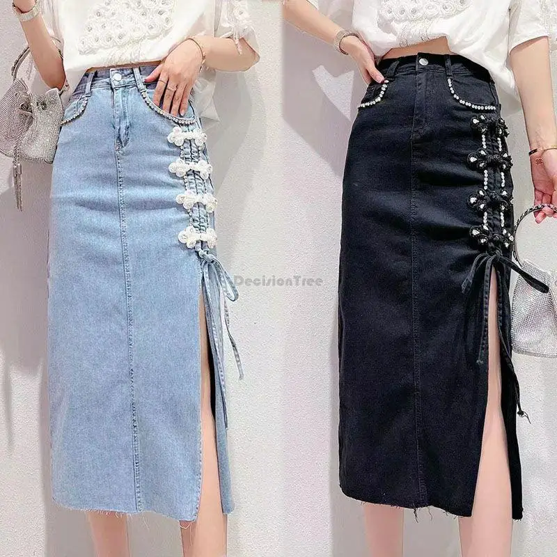 

2023 beaded disc buckle split denim skirt women's summer new chinese fashion style high-waisted long a-line qipao skirt s811