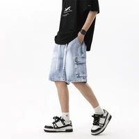 Summer Men's Workwear Denim Shorts Retro Fashion Elastic Waist Loose Straight Leg  Large Pocket Shorts Brand Men's Clothing