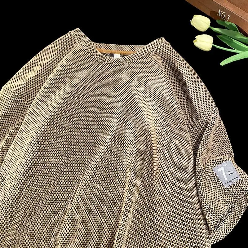 

Waffle round neck short-sleeved T-shirt men's summer trendy brand loose casual brown heavy top oversize half-sleeved y2k tops