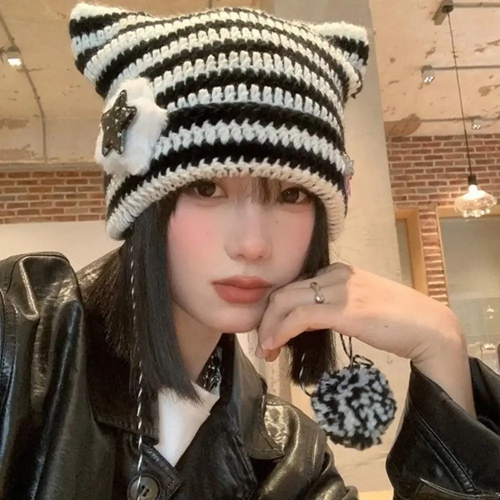 Women's Hats Y2K Cute Y2K Beanie Hat Striped Star Devil Hat Knitting Wool Cap Autumn Winter