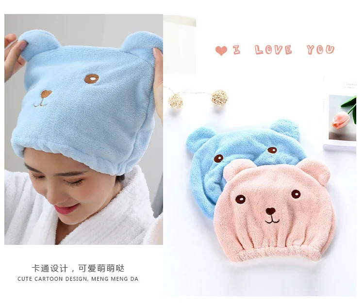 Description Picture 5 of item1pc Super Absorbent Hair Drying Bath Towel Cap Cute Cartoon Bear Microfibre Soft Dry Hair Wrap Bathroom Accessories Bonnets