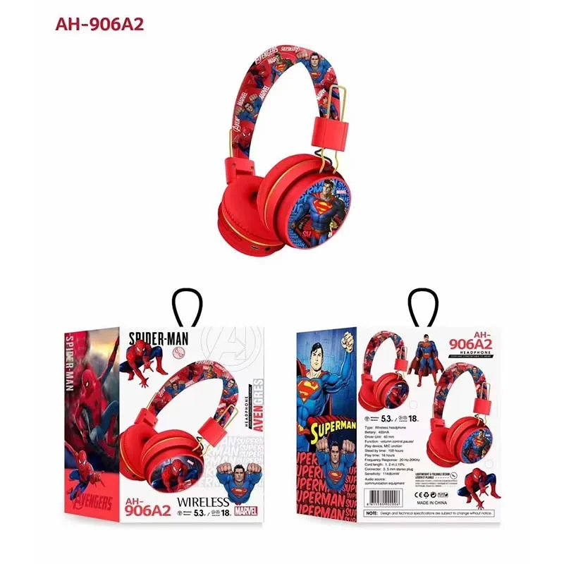 Disney Bluetooth Headphones AH-906 Spider-man Wireless Bluetooth Earbuds HIFI Surround Sound Headset with Mic Kids Anime Cartoon