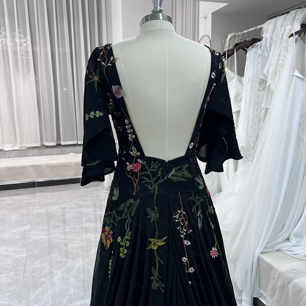 Mryarce Schwarze Brautkleider mit abnehmbaren Ärmeln, Blumenstickerei, Spitzenstruktur, Chiffon-Brautkleider – Detail 8