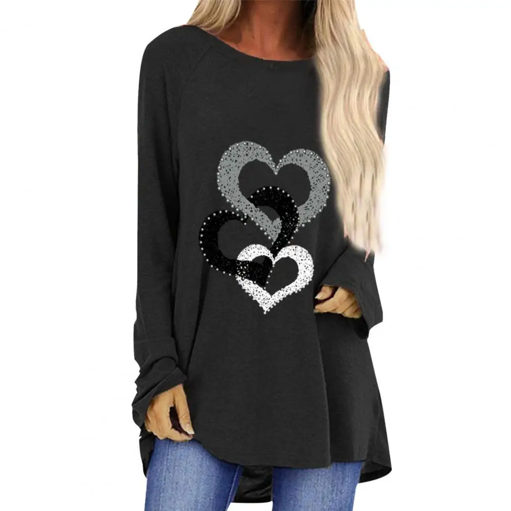 Women T-shirt Rhinestone Decor Heart Pattern Women's Long Sleeve T-shirt Soft Breathable Pullover Top for Spring Fall Black Crew women s pant set autumn 2 piece set 2023 heart studded rhinestone beaded pattern short sleeve top