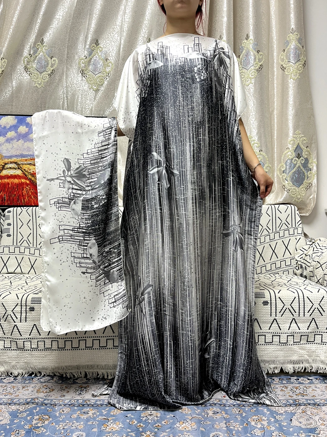 Muslim Abayas For Women 2023 Fashion Printed Satin Silk Loose Femme Robe African Nigeria Party Evening Dresses With Turban Belt