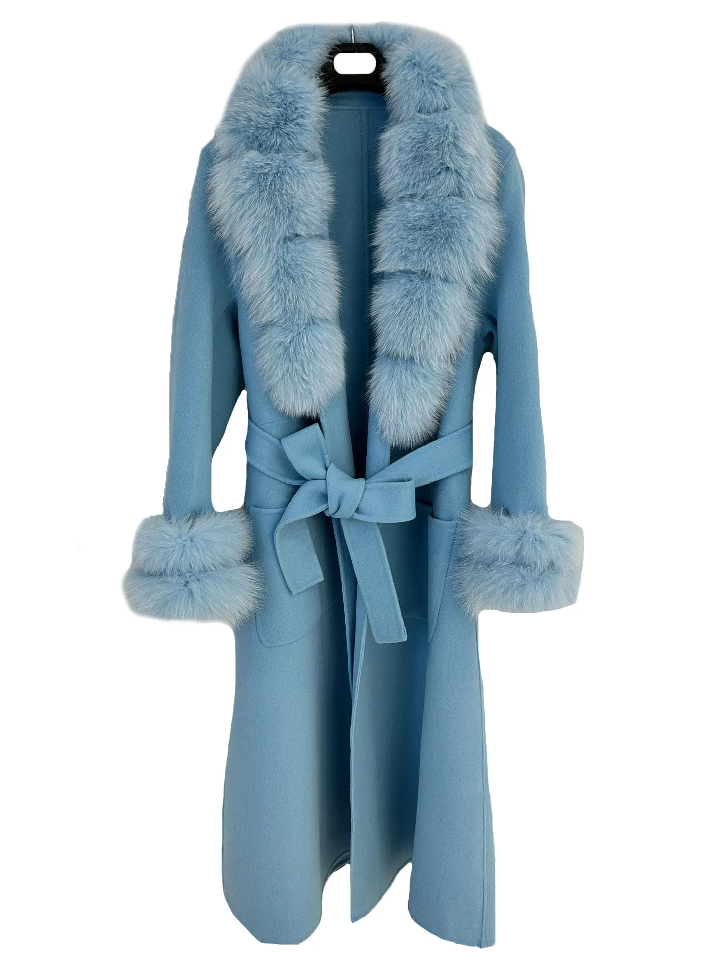 

Tweed jacket V-neck long with belt loose fit spliced collar double pocket design warm and cozy 2023 winter new 1202