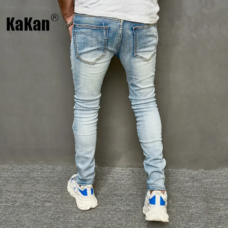 Kakan - New Washed Old Personalized Perforated Jeans for Men, High Street Small Foot Slim Fit Versatile Long Jeans K49-7006