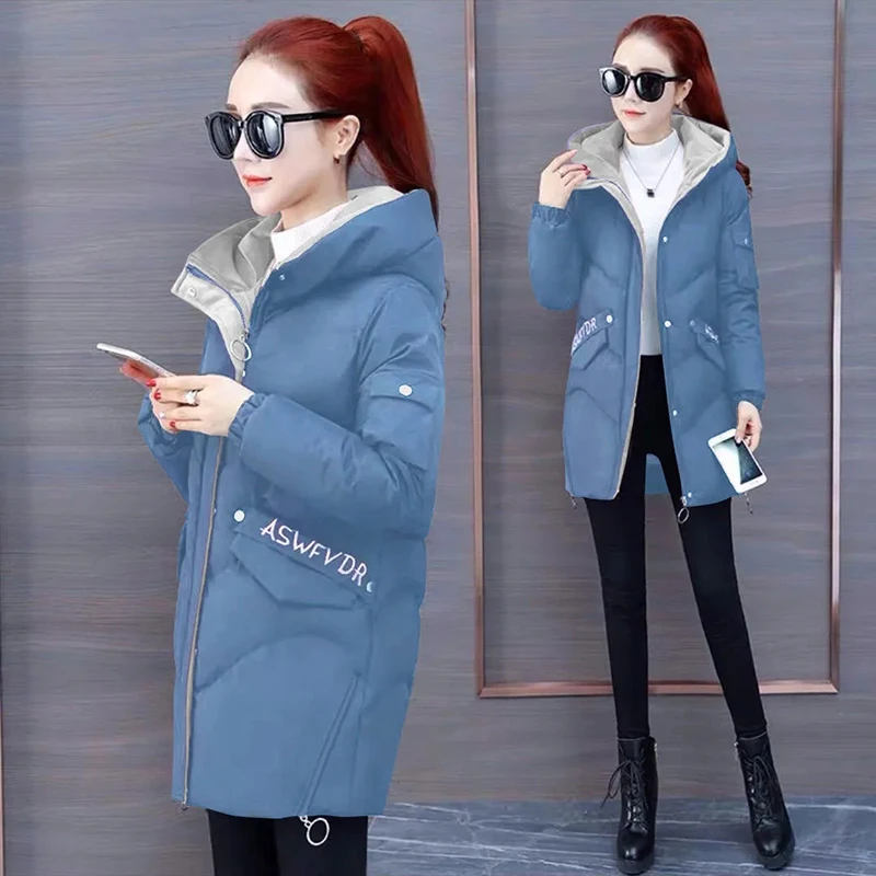 New Winter Patchwork Hooded Padded Coats Loose Mid-length Parkas Women Windproof Casual Cotton Jackets Zipper Snow Abrigos Mujer
