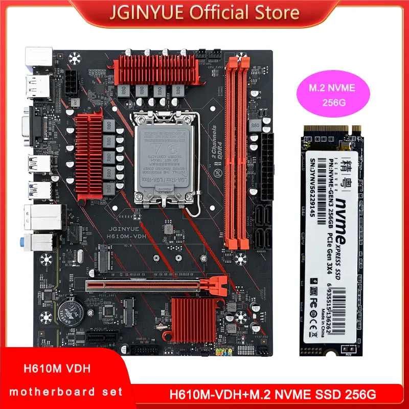 JGINYUE H610 LGA1700 Motherboards combo set M.2 NVME SSD 256G DDR4 Dual