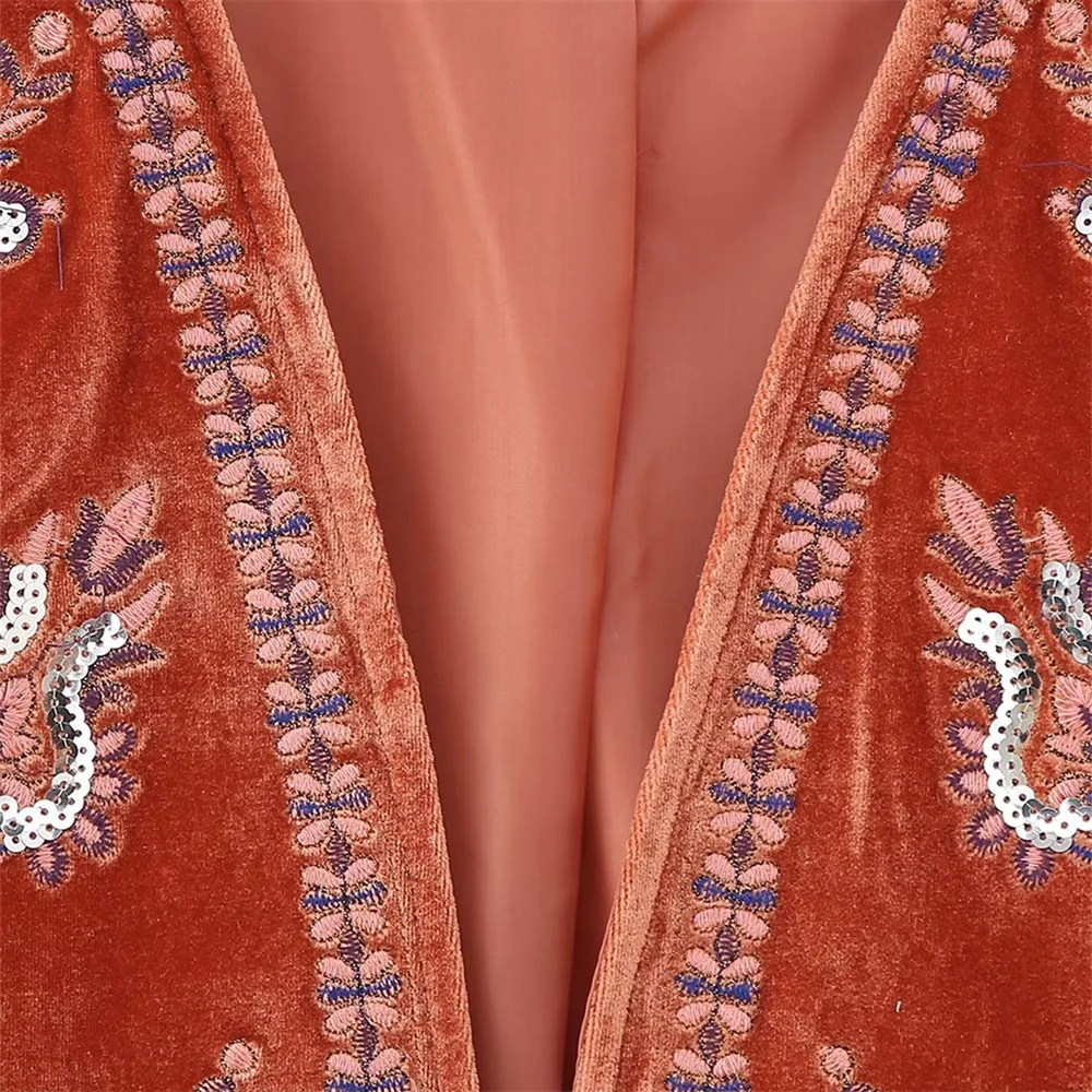 Winter New Women's Casual Loose Retro Short Beaded Embroidered Velvet V-Neck Vest_voghion.com