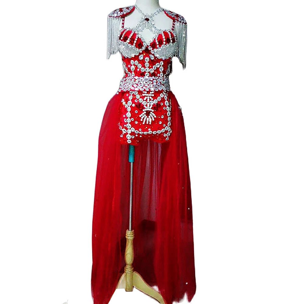 

Shining Rhinestones Bodysuit Sets Red Mesh Gauze Trailing Tassel Epaulet Nightclub Dance Show Wear Women Party Stage Costumes