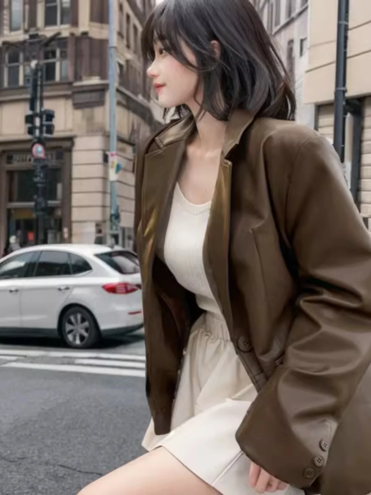 Korean Style Streetwear Leather Suit Jackets Women Long Sleeves Single Button Casual Motorcycle Coats Fashion Trend Overcoats