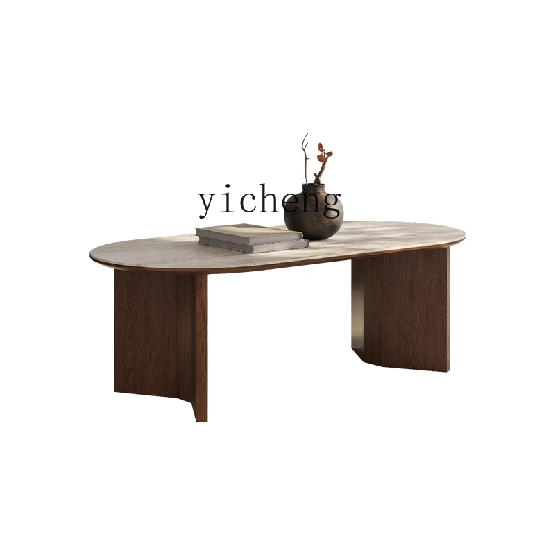 

ZK Oval Cave Stone Stone Plate Coffee Table Retro Living Room Household Minimalist Creative Solid Wood Coffee Table