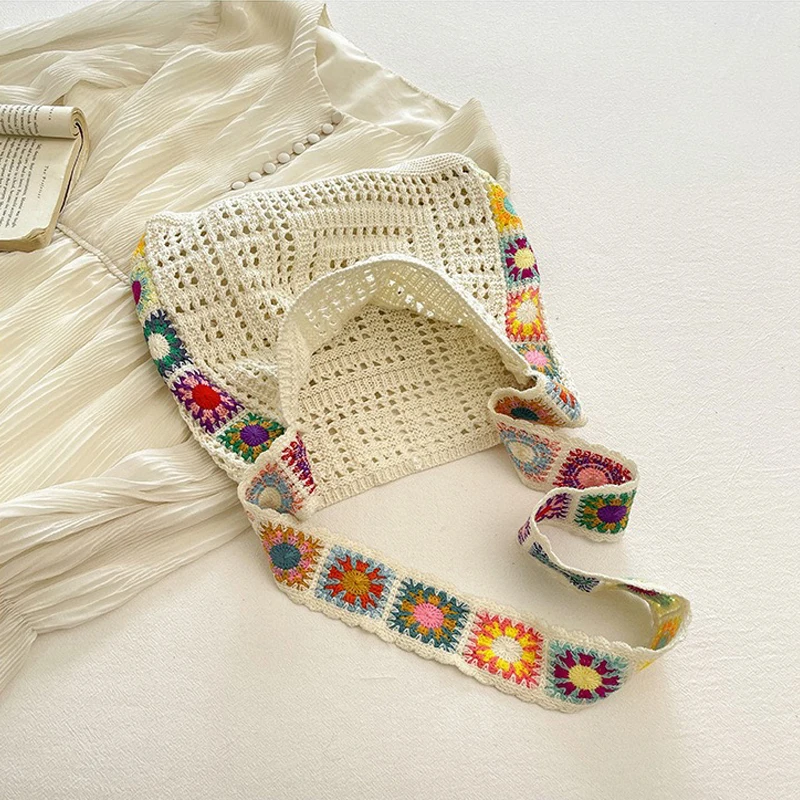 Large Capacity Fashion Cut-out Boho Tote Bag Trendy Floral Crochet Handmade Knitted Bag Vintage Multicolor Hollow Out Handbag