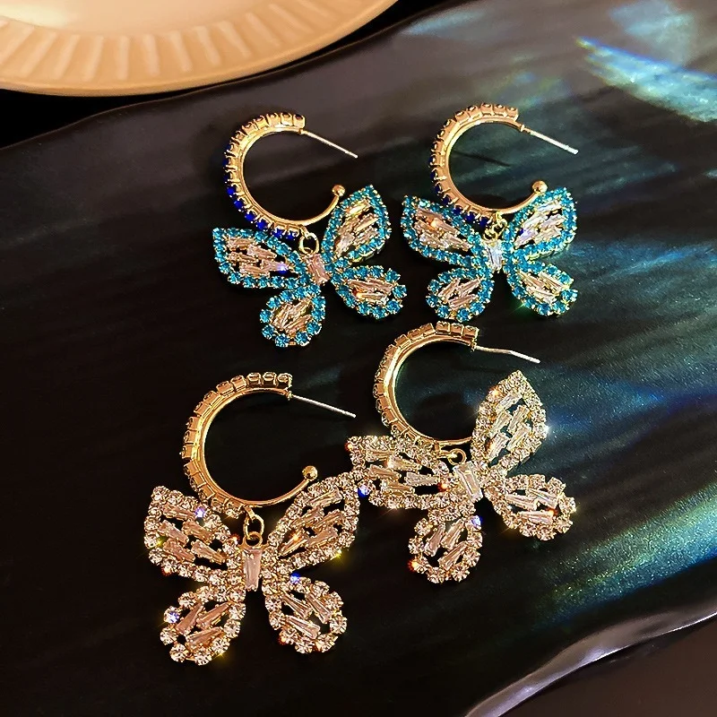 

U-Magical Exaggerated Es Butterfly Dangle Earrings for Women Multicolor Crystal Metal Imitation Wing Earrings Accessories