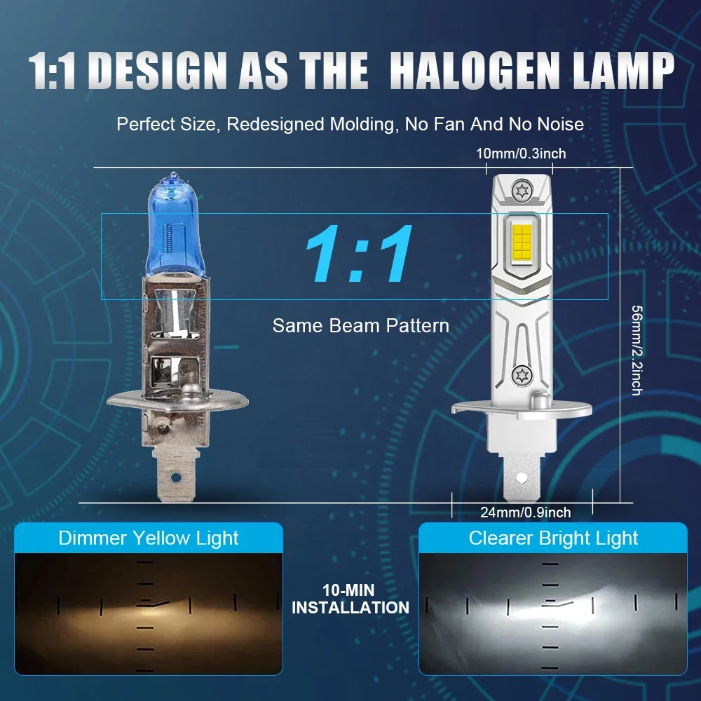 2Pcs Mini H1 LED Headlight Bulb Canbus Car Head Fog Light Fanless Wireless 1: 1 Size Auto Lamp 12V 20000LM 6000K White