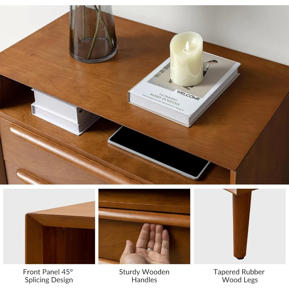 Nightstand with Charging Station, Set of 2 Mid-Century 2 Drawer and Open Shelf Dresser for Bedroom, Fluted Bedside Table 5