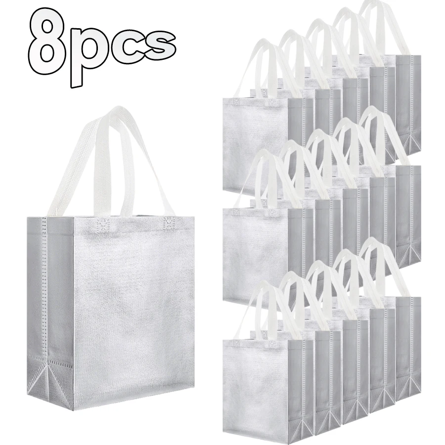 16/8pcs Reusable Gift Bags Gift bag Glossy Silver, with handle 10x4x8in Metallic Bling Design Holiday Gift Bag with Handles.