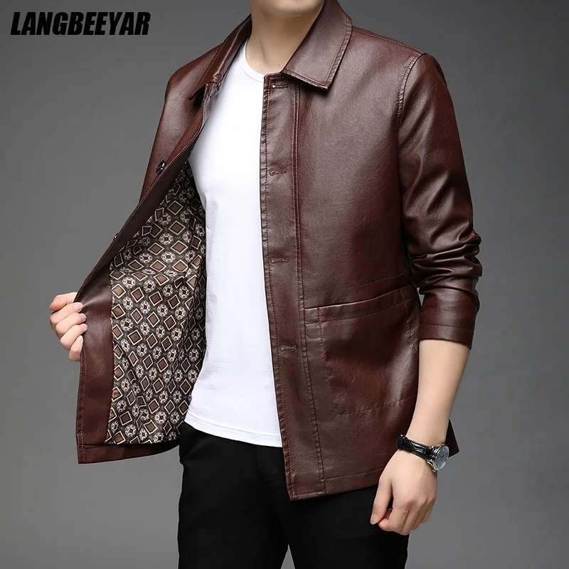 

Top Grade New Brand Designer Casual Fashion Brown Faux Pu Fashion Leather Jacket Men Biker Classic Coats Mens Clothing 2023