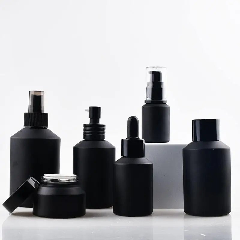 Wholesale Custom 15/30/60/100/120/200ml Matte Black Slant Shoulder Lotion Spray Pump Dispenser 15/30/50g Empty Cream Container J