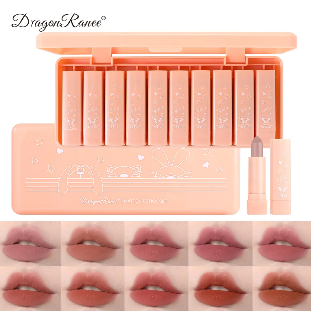 

10 Colors/Box Mini Lipstick Set Matte Velvet Lip Glaze Waterproof Long Lasting Non-marking Natural Lip Tint Batom Cosmetic Kit
