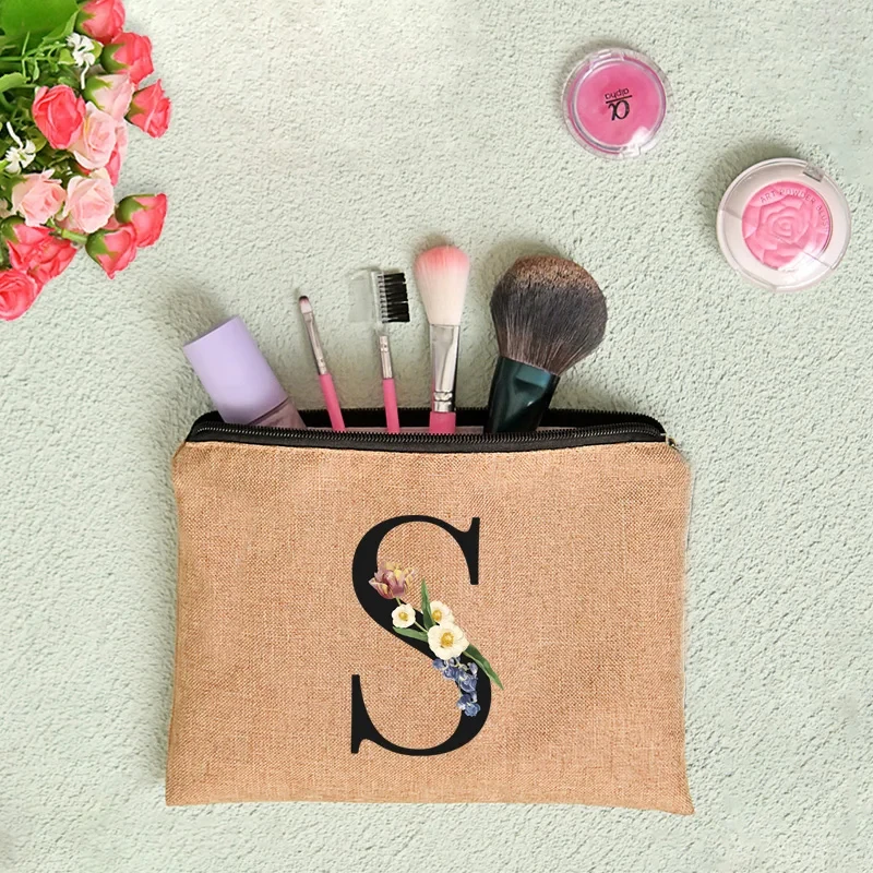 Floral Print Linen Zipper Pouch Cosmetic Travel Organizer