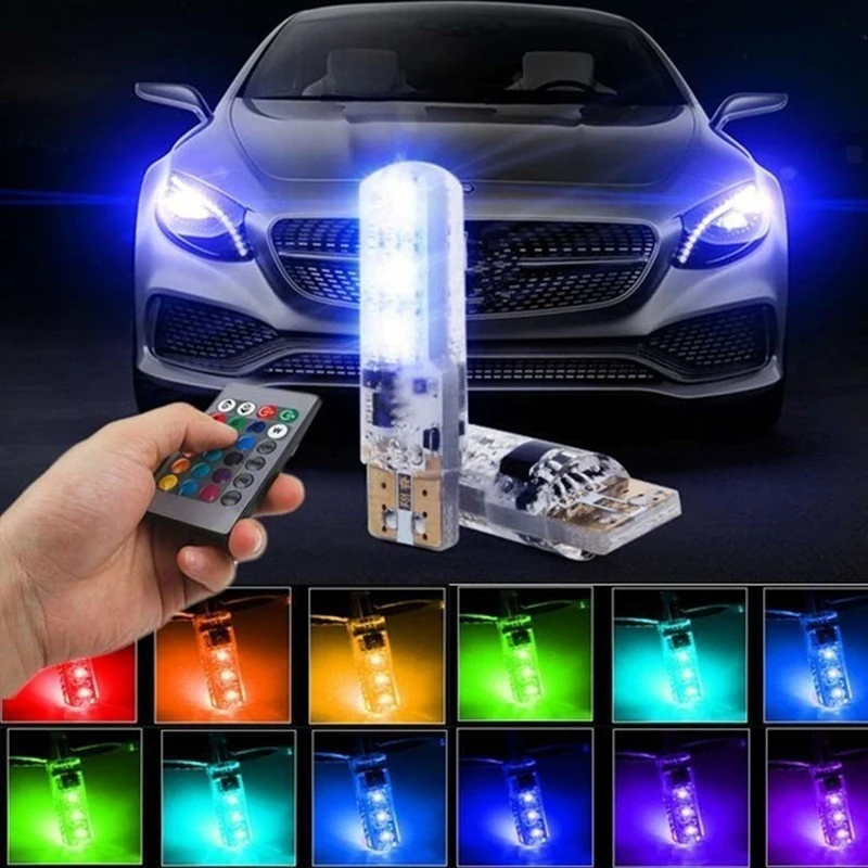 LED Car Lights T10 W5W 501 Wedge Side Bulb 6SMD Waterproof 5050 RGB 7 Color Remote Control Strobe Flash