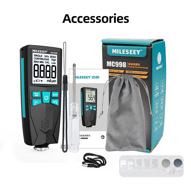 Thickness Gauges Car Paint Film Coating Detector 0-1500um Fe & NFe Probe Kits Mileseey MC996 MC998