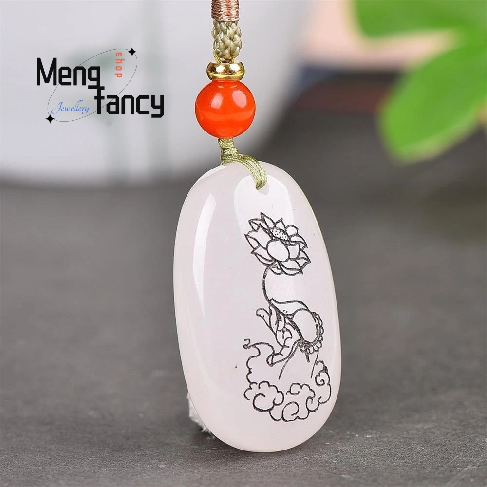 

Natural Hetian White Jade Lotus Pendant Charms Fashion Luxury Jewelry Women Men Engraver Amulet Mascots Necklace Holiday Gifts