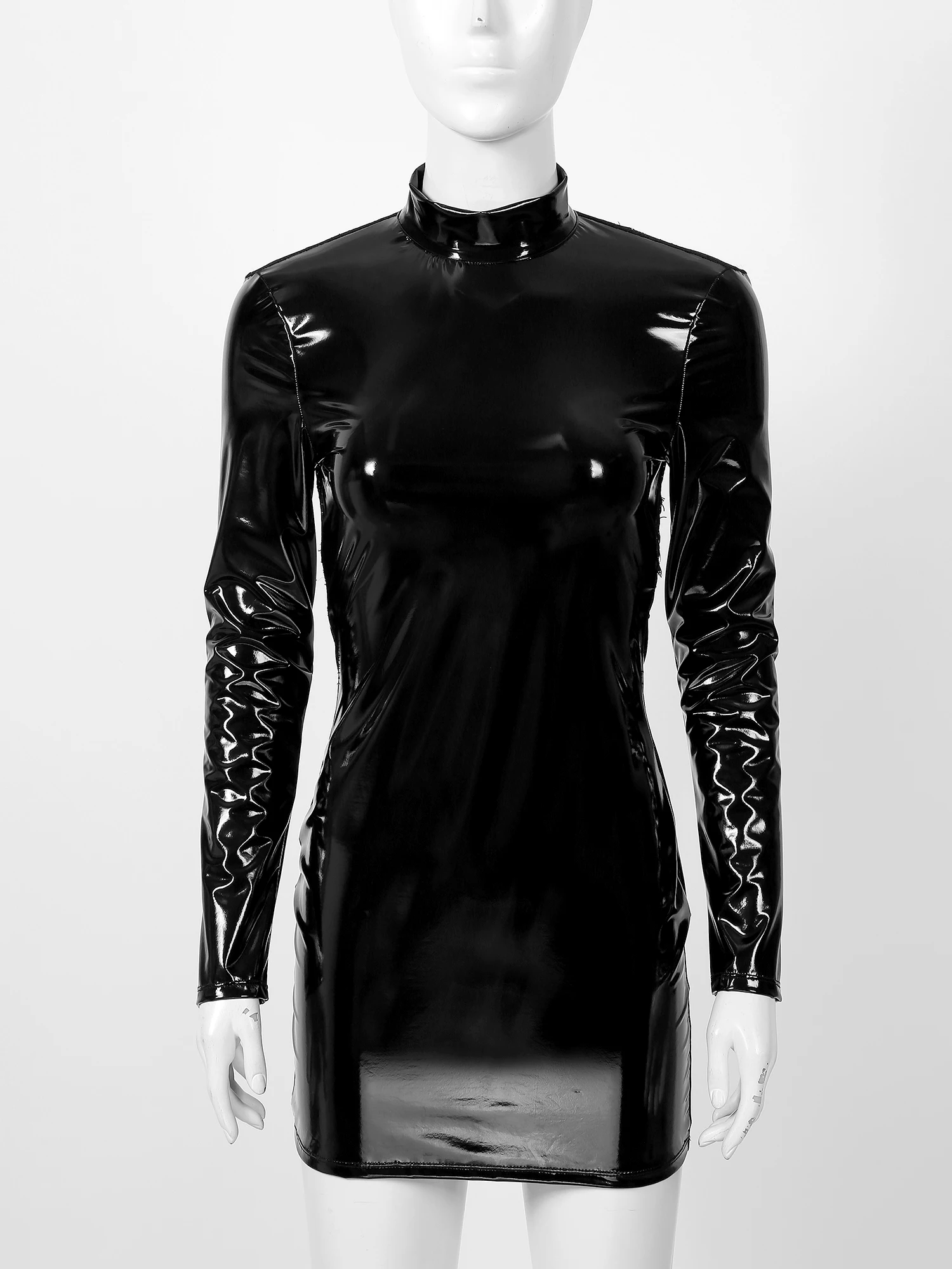 

Patent Leather Dresses for Women 2022 Bodycon Dress For Club PartyLong Sleeve Mock Neck Lace Backless Rave Party Bar Dresses