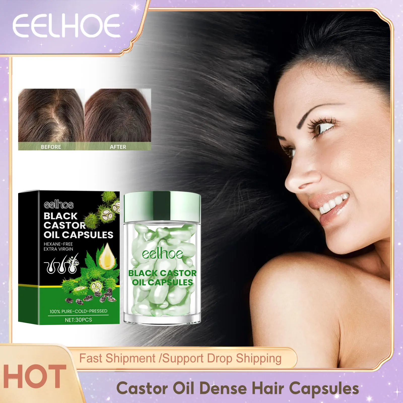 EELHOE Black Castor Oil Nourishes Hair Growth Scalp Massage Essential Oil Capsules Thicker Hair Oil Natural Hair Care Products