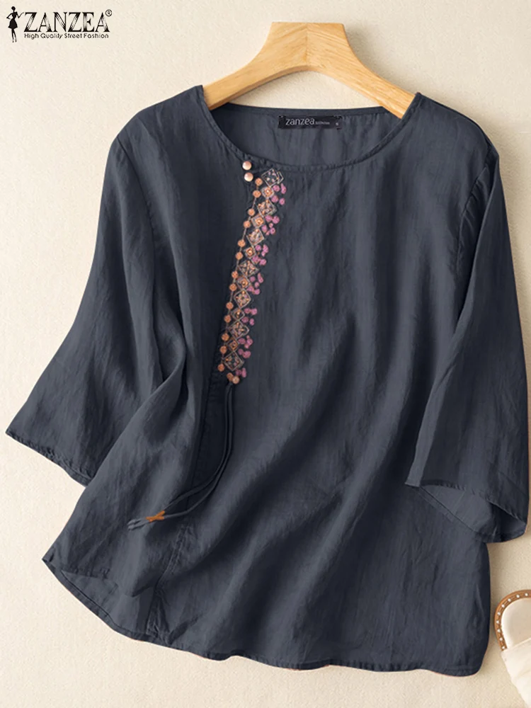 

ZANZEA Bohemian Floral Embroidery Shirt Summer 3/4 Sleeve O-Neck Tunic Tops Female Casual Loose Chemise Woman Vintage Blusas